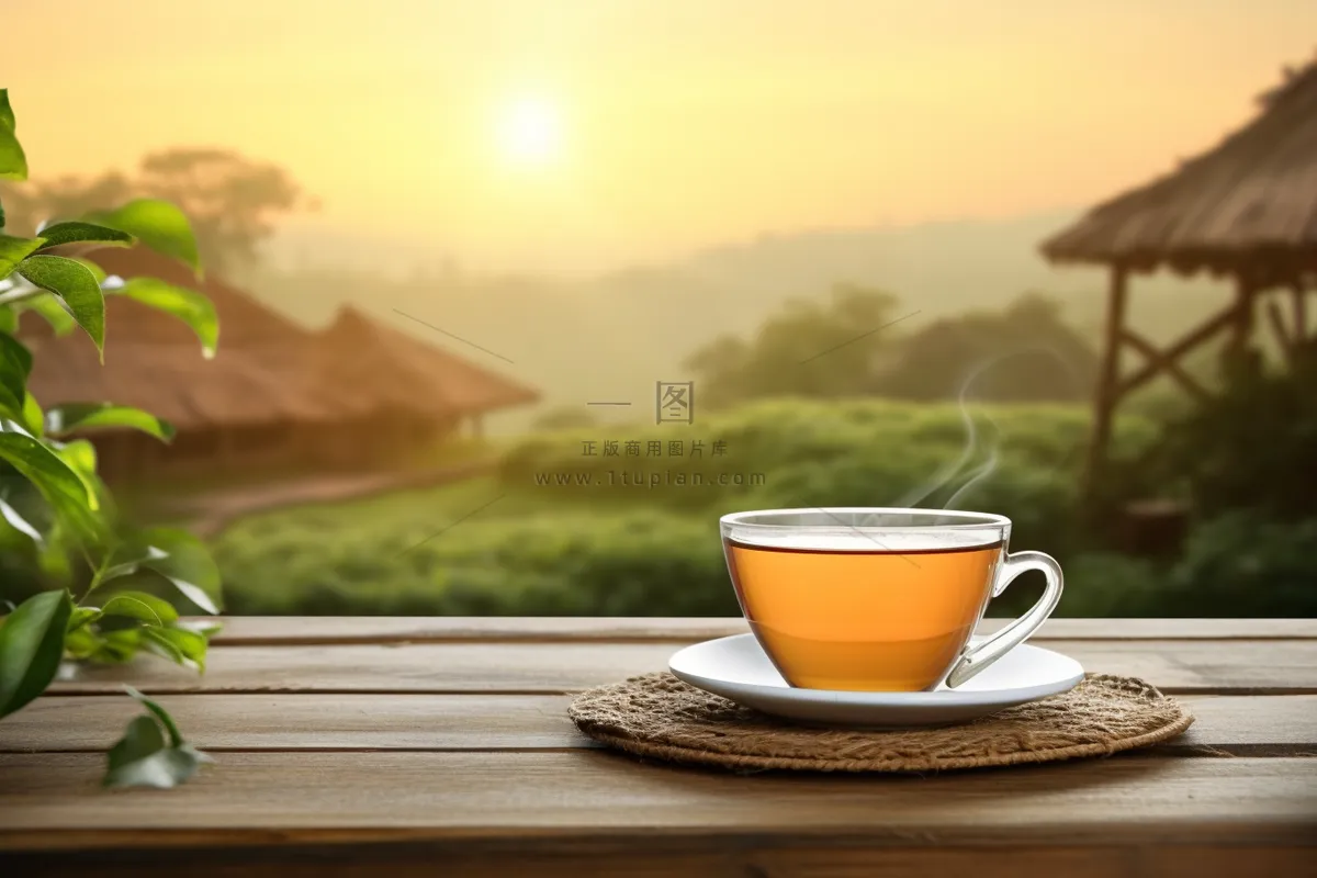 村庄清晨窗台泡着一杯茶摄影图