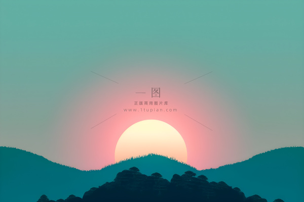 落日山脉青色简约背景