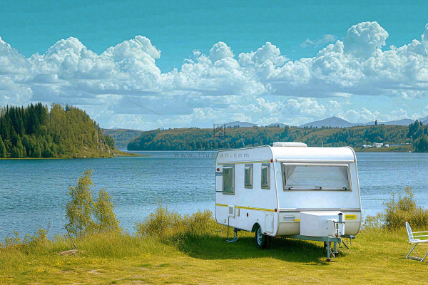 野外露营湖边停着一辆房车，野餐，春游摄影图