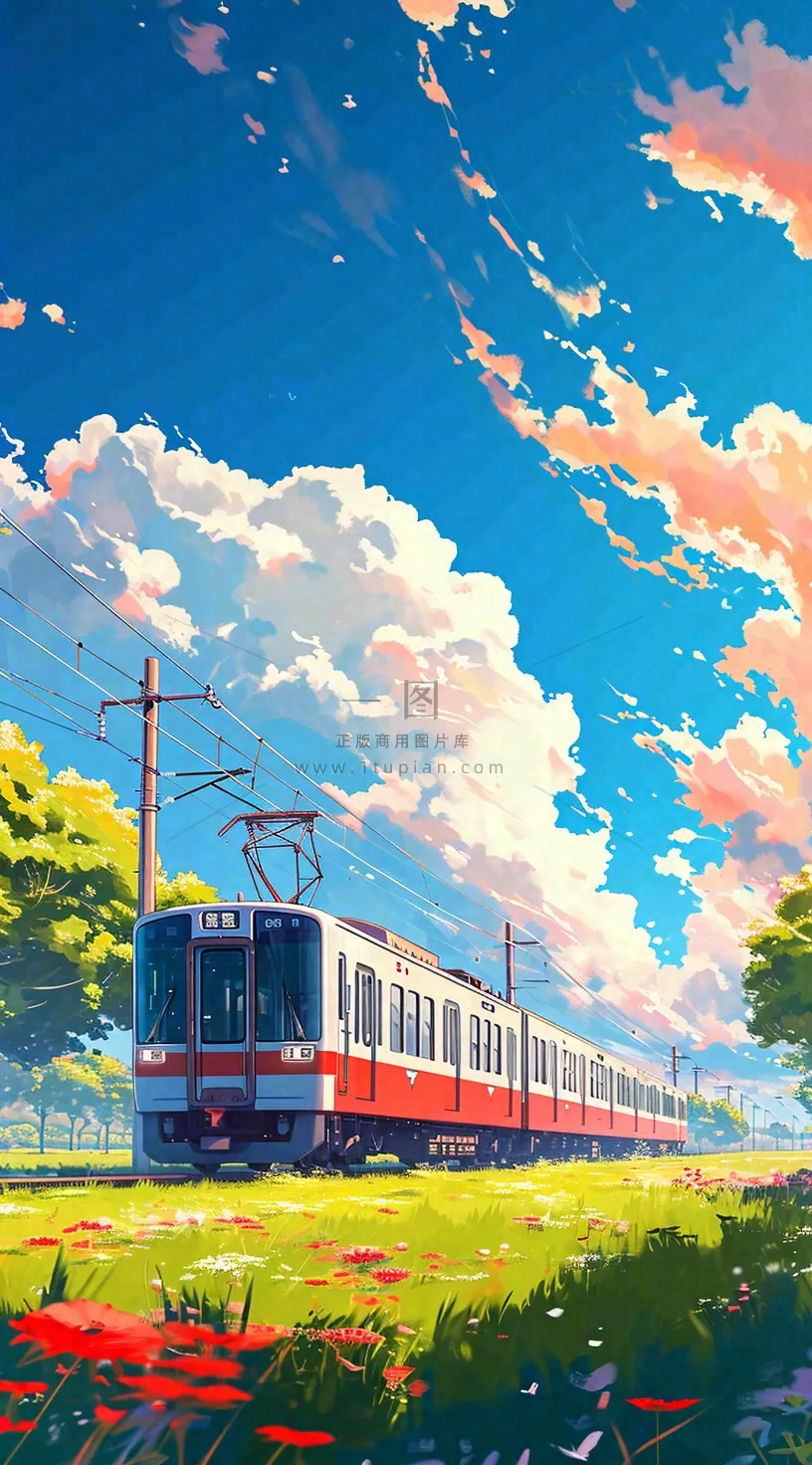 蓝天白云交通高铁铁路火车,草坪鲜花彩色插画
