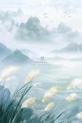 山水水墨芦苇白鹭古风白露寒露处暑插画水彩画背景