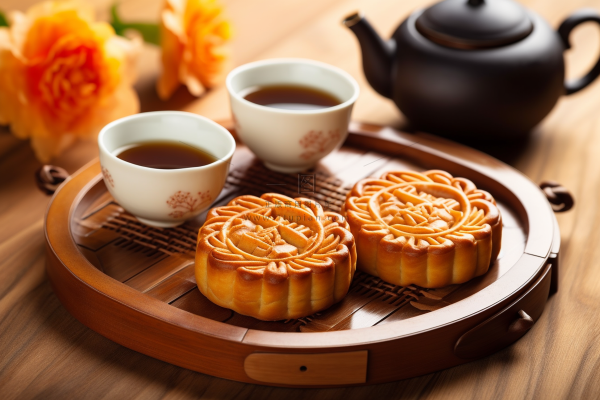 中秋木质托盘餐具上摆放着的月饼和茶壶杯子摄影图