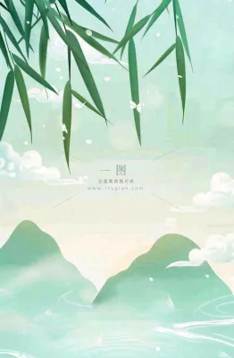 中国风插画山水竹叶青色插画清新淡雅端午节插画背景 中国风插画山水竹叶青色插画清新淡雅端午节插画背景