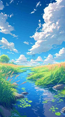 蓝天白云草地溪流春天阳光灿烂的日子春分春风,插画手绘 蓝天白云草地溪流春天阳光灿烂的日子春分春风,插画手绘