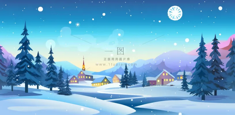 冬季雪天圣诞小镇装饰夜晚节日氛围卡通插画背景