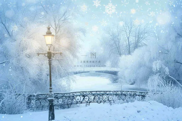 冬天白雪皑皑雪景河流街道路灯桥小雪大雪冬至雪花背景