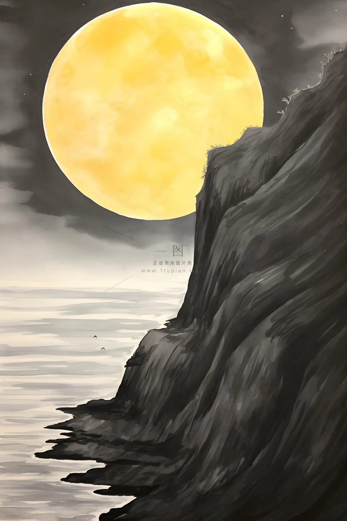月亮月光山脉水墨简约背景