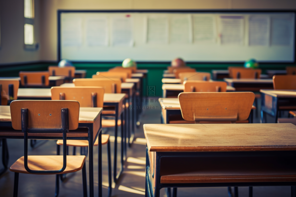 学校教室里的课桌书桌摄影图