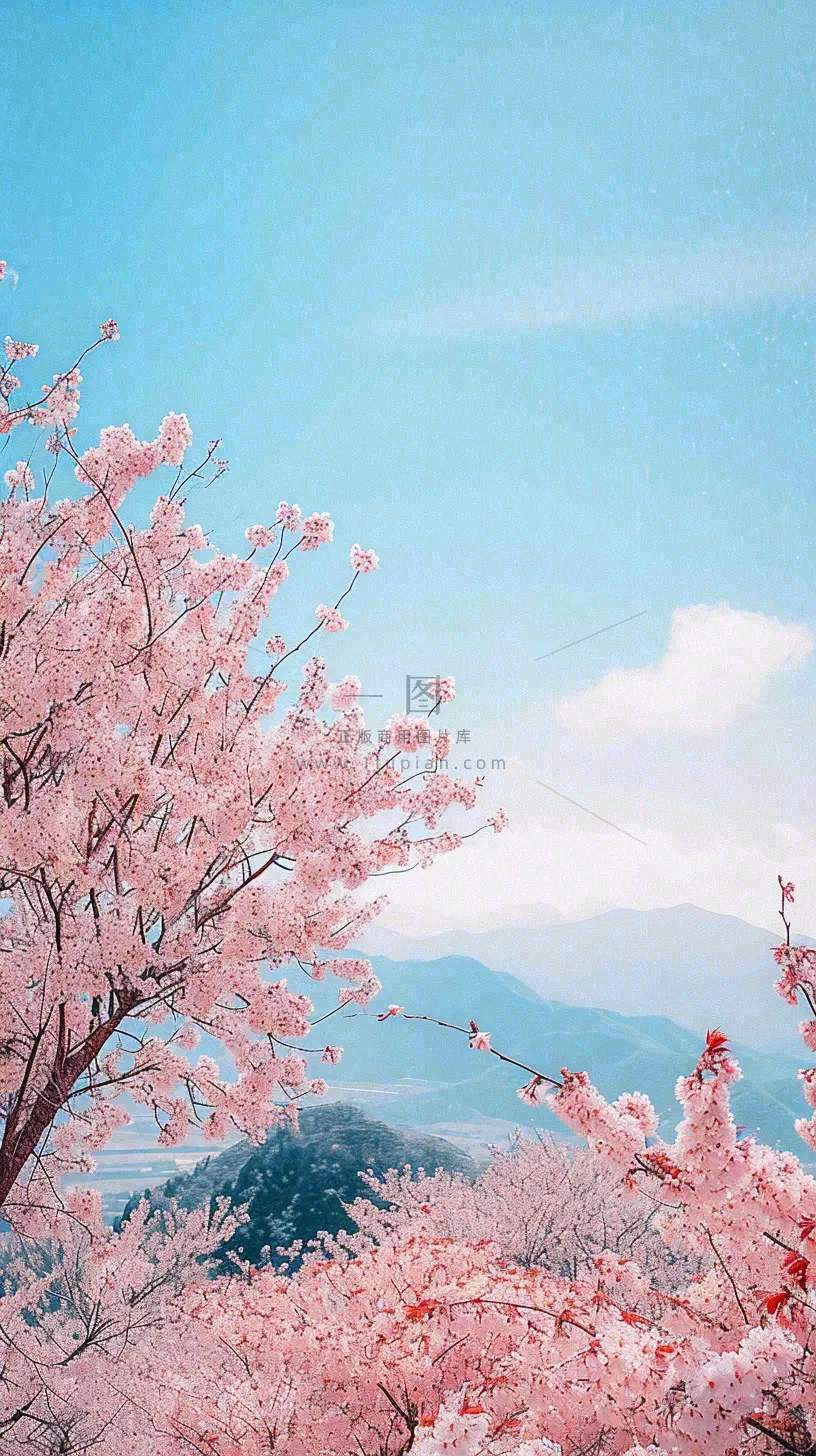 春天山河边蓝天粉色樱花花朵，惊蛰立春