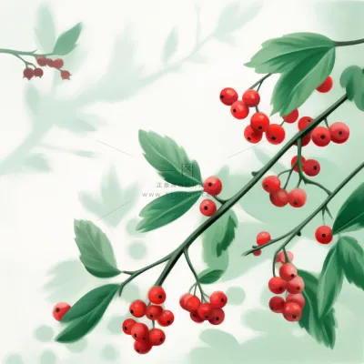 树枝上的红色果实小清新植物水墨画插画素材