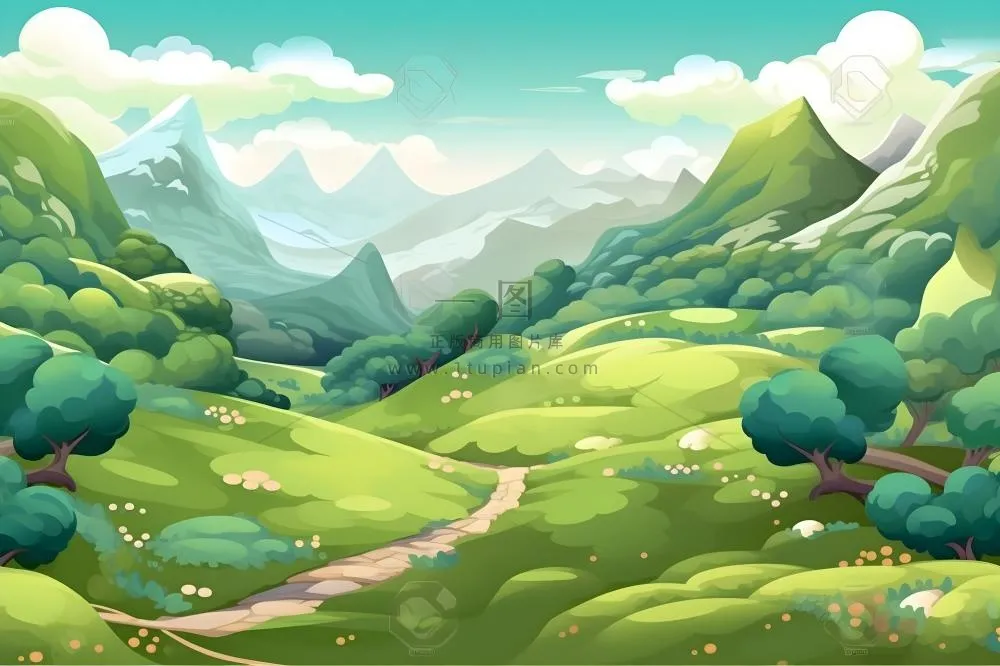 春夏森林山峰草地插画海报素材背景