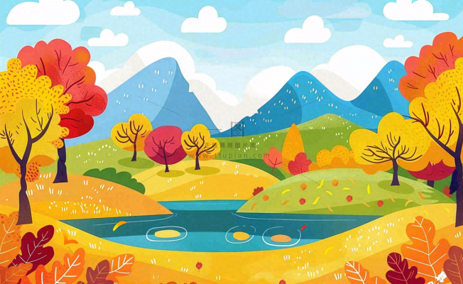 秋天金黄的森林山坡树木落叶蓝天白云立秋秋分处暑卡通插画背景 秋天金黄的森林山坡树木落叶蓝天白云立秋秋分处暑卡通插画背景