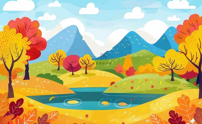 秋天金黄的森林山坡树木落叶蓝天白云立秋秋分处暑卡通插画背景 秋天金黄的森林山坡树木落叶蓝天白云立秋秋分处暑卡通插画背景