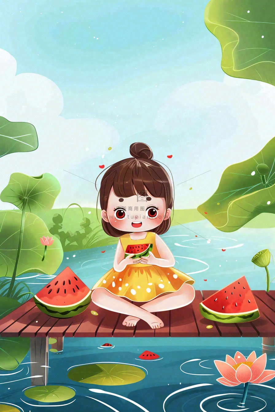 夏天荷花湖木桥上吃西瓜的女孩清凉立夏夏至大暑小暑卡通插画背景