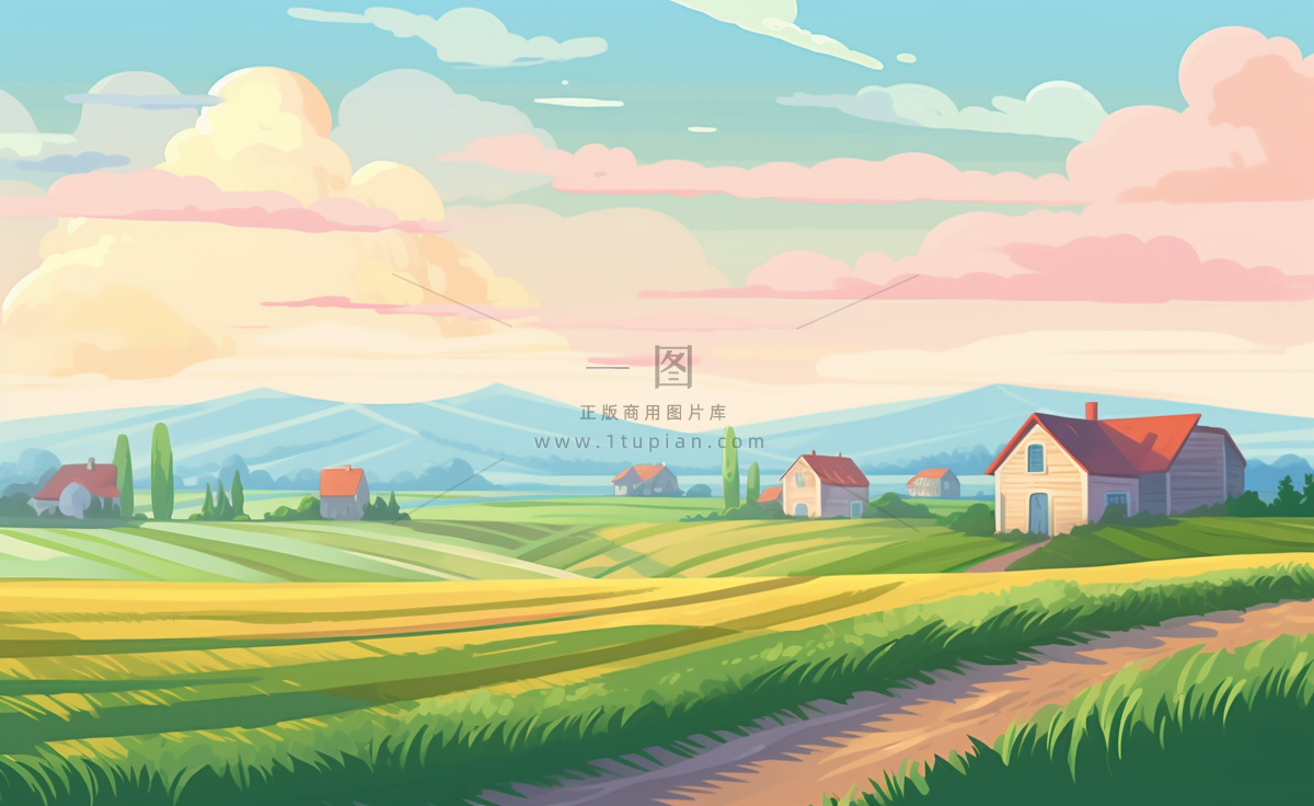 乡村村庄美丽风景河流插画农田插画背景