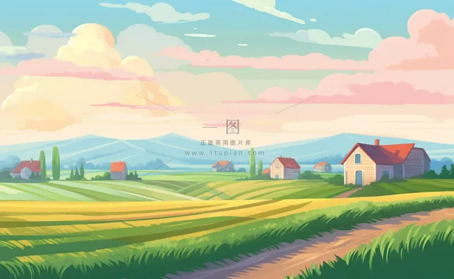 乡村村庄美丽风景河流插画农田插画背景 乡村村庄美丽风景河流插画农田插画背景