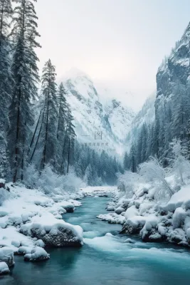 新疆冬季结冰下雪河流风景摄影图