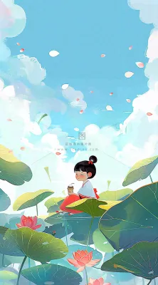 夏日荷花荷叶上的女孩古风人物插画蓝天白云立夏夏至插画背景