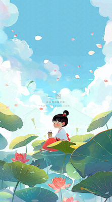 夏日荷花荷叶上的女孩古风人物插画蓝天白云立夏夏至插画背景 夏日荷花荷叶上的女孩古风人物插画蓝天白云立夏夏至插画背景