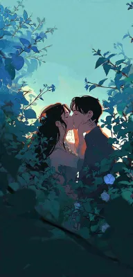 森林花丛里情侣拥抱亲吻爱情手绘插画，情人节