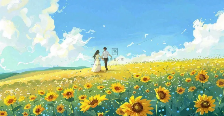 向日葵花海里的情侣恋人浪漫蓝天白云立夏夏至情人卡通插画背景 向日葵花海里的情侣恋人浪漫蓝天白云立夏夏至情人卡通插画背景