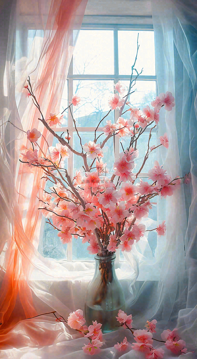 春天窗台花瓶粉色鲜花花束,春分