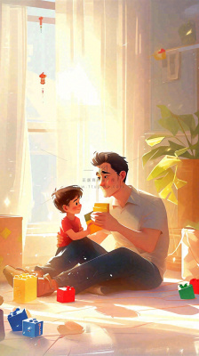 父亲节温馨父爱陪伴孩子玩耍手绘插画 父亲节温馨父爱陪伴孩子玩耍手绘插画