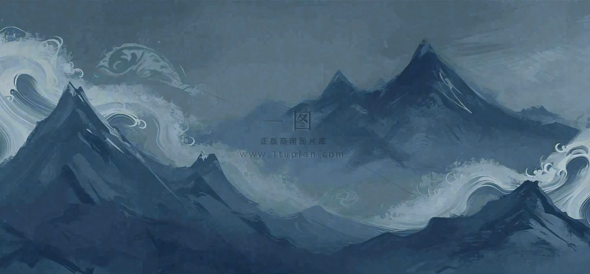 中国风意境山脉雪山海浪蓝色云层,末日暗黑恐怖