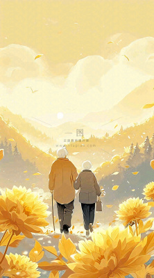 老人相伴到老，菊花黄色花朵，落日山脉