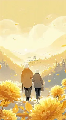 老人相伴到老，菊花黄色花朵，落日山脉