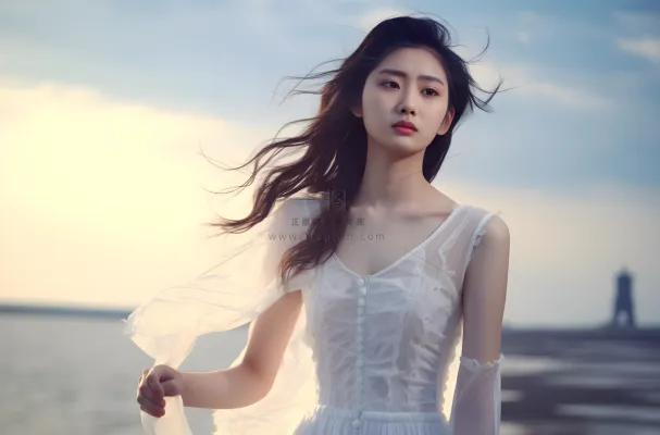 一个美女穿着一件漂亮的白色连衣裙在海边的拍照摄影图