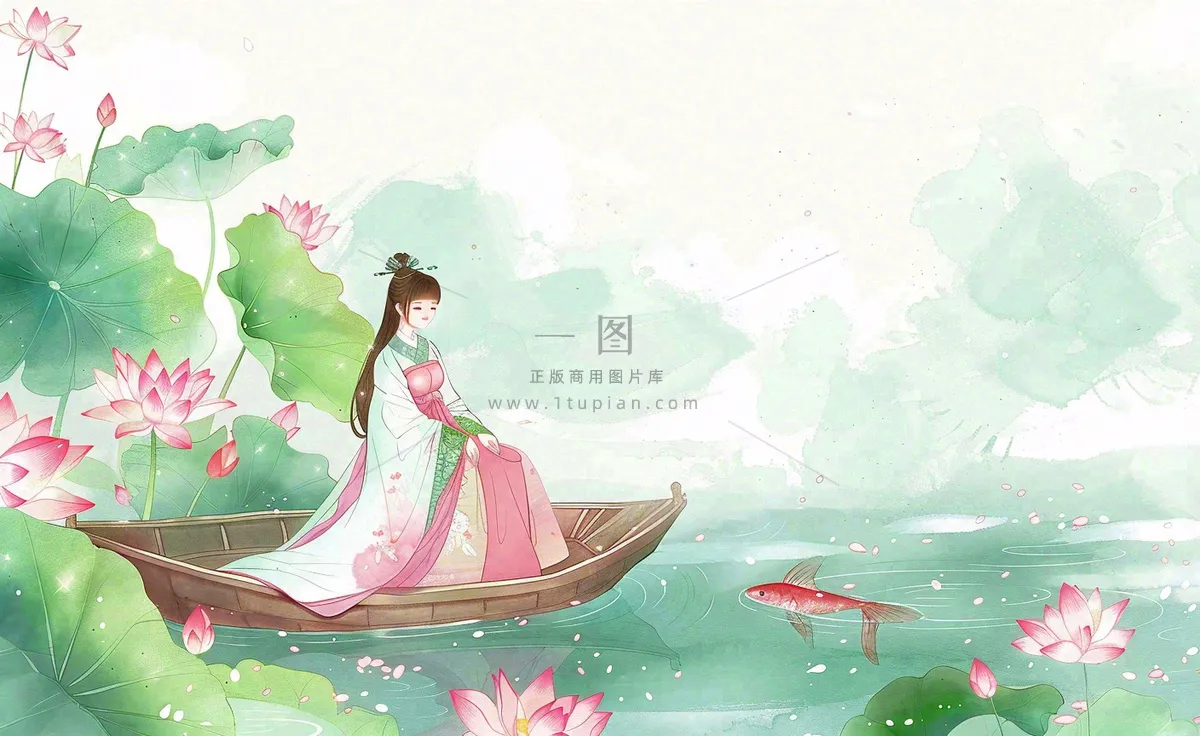 夏日清凉唯美荷花荷叶飘在水面古风少女乘小舟划船卡通人物插画处暑立夏小暑背景