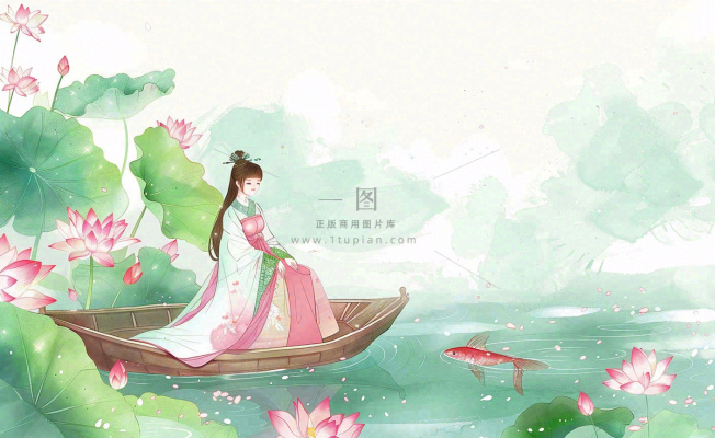 夏日清凉唯美荷花荷叶飘在水面古风少女乘小舟划船卡通人物插画处暑立夏小暑背景 夏日清凉唯美荷花荷叶飘在水面古风少女乘小舟划船卡通人物插画处暑立夏小暑背景