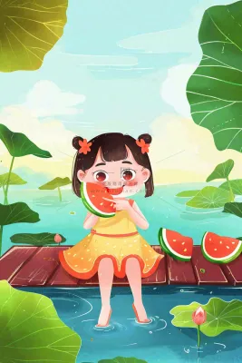 夏天荷花湖木桥上吃西瓜的女孩清凉立夏夏至大暑小暑卡通插画背景 夏天荷花湖木桥上吃西瓜的女孩清凉立夏夏至大暑小暑卡通插画背景