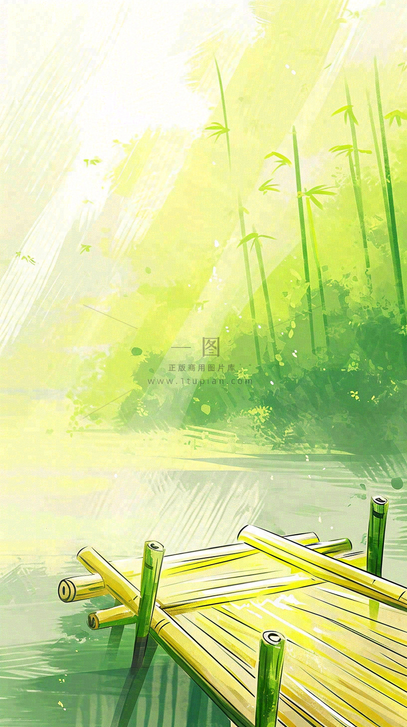 夏日森林丛林阳光绿色河面草丛树木手绘插画,夏至小暑大暑