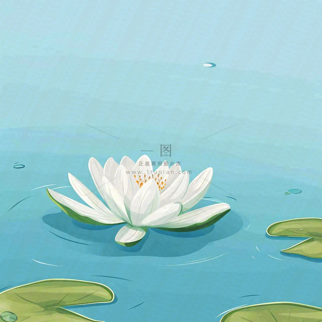 中国风夏日荷塘池白色荷花盛开手绘插画,立夏夏至大暑小暑