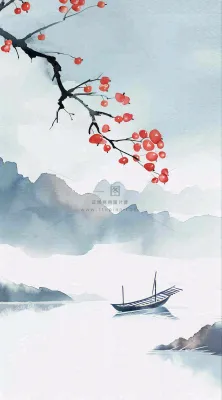 中国风山水秋冬柿子树霜降插画背景 中国风山水秋冬柿子树霜降插画背景