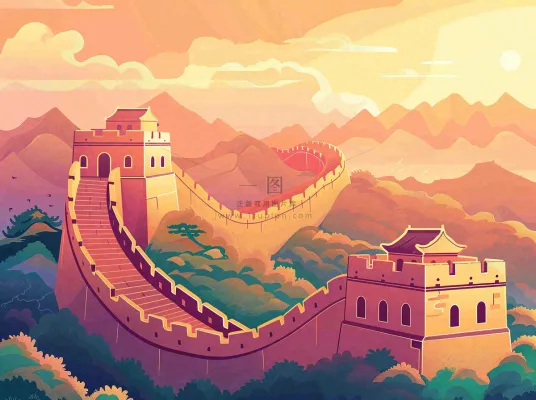 万里长城中国山河国潮插画北京旅游景点八一建军节红色文化卡通插画背景